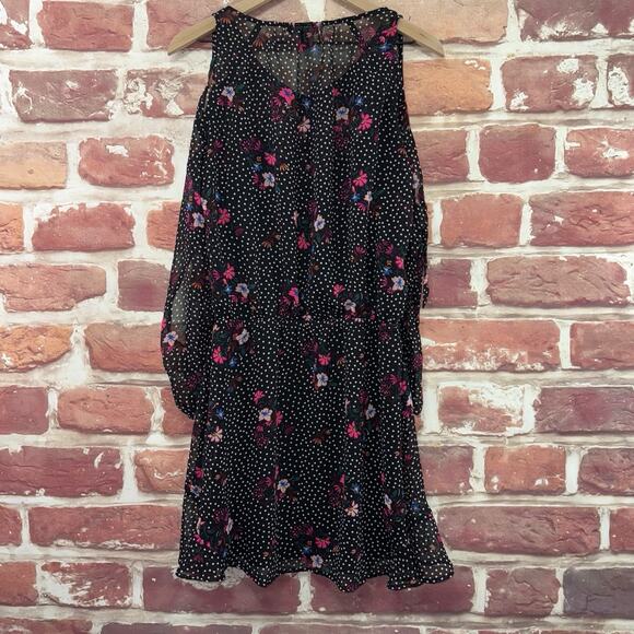 Express Dress Womens M Black Multicolor Floral Polka Dot Slit Tie Sleeve Casual - Picture 2 of 8